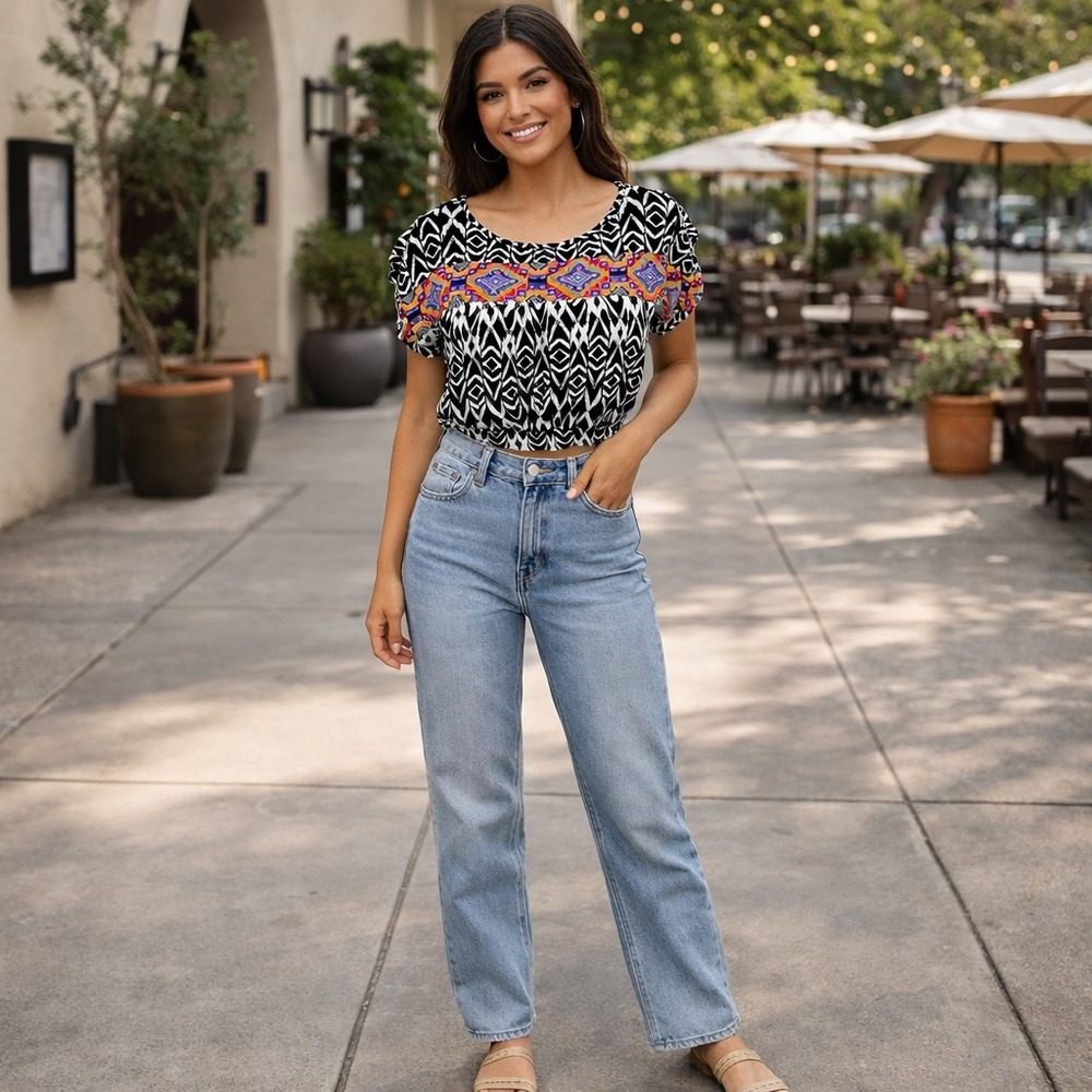 NWT Angie Boho Crop Top Tribal Aztec Print Open Back Festival Coachella Blouse M
